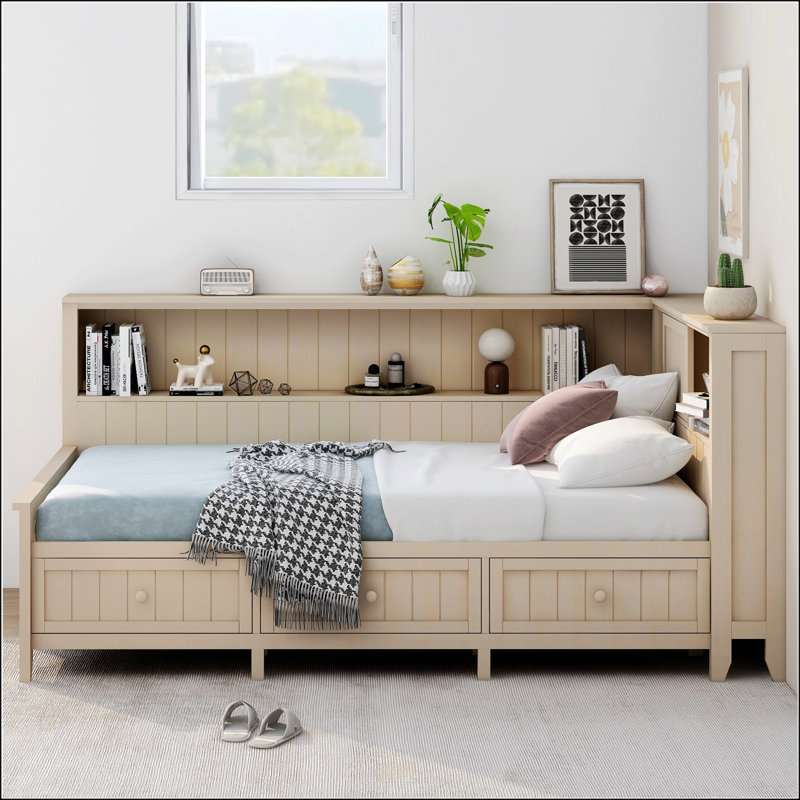 Lit de jour simple avec tablettes de rangement et 3 tiroirs