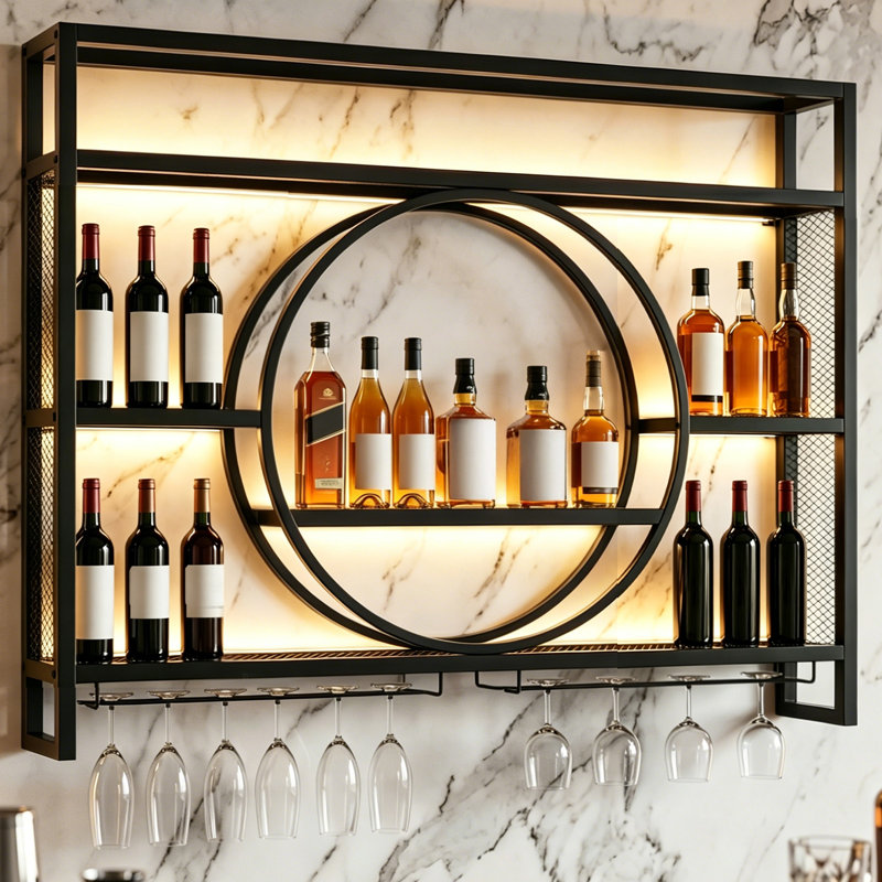 Grand support à vin robuste de 39 po avec porte-verre à DEL fixé au mur sous la tablette, organisateur de rangement à 3 niveaux pour suspendre des verres à pied en métal pour bar à domicile