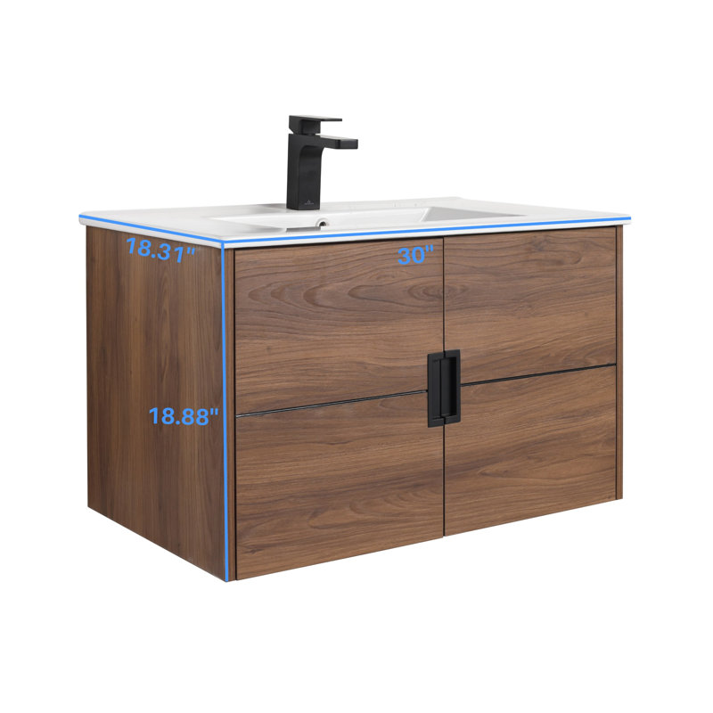 Leonia 30" Wall-Mounted Bathroom Vanity with Ceramic Sink – Floating Vanity Cabinet with Soft-Close Doors, Space-Saving Storage Solution for Contemporary Bathrooms - Brown Walnut