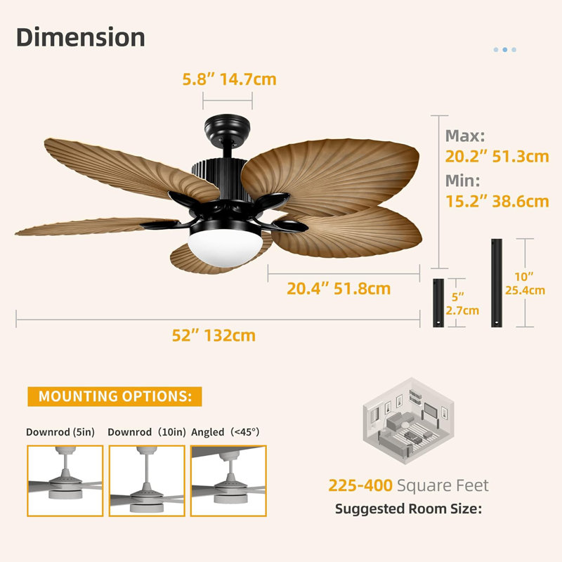 Tropical Ceiling Fan With LED Light And Remote, 52 Inch Outdoor Palm Leaf Fan For Patio With Memory Function, 5 Leaf Blades, Reversible DC Quiet Motor, For Porch, Farmhouse, Indoor