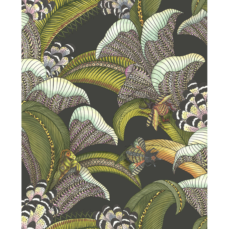 Ardmore-Jabula Hoopoe Leaves 33' L x 20.5" W Wallpaper Roll, Olive Green/Fuchsia/Black