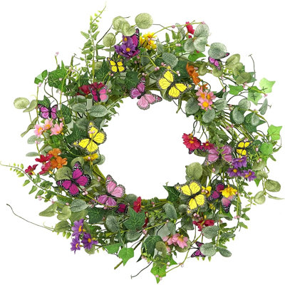 Couronne artificielle de printemps et d'été avec papillons, eucalyptus, marguerites et fougères