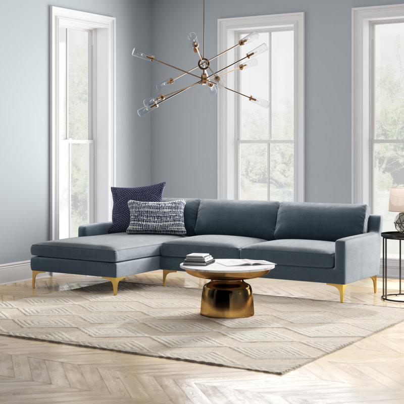 Westman Velvet L-Shaped Sectional, Dark Gray , Right Hand Facing, Gold