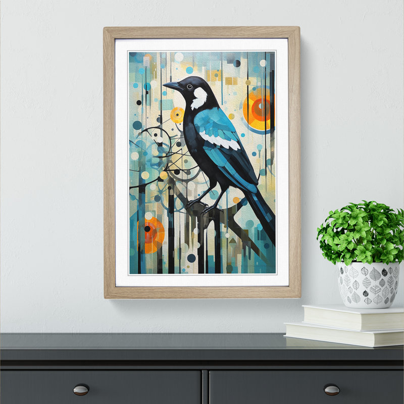 Magpie Dadaism - Single Picture Frame Print on Wood, Oak Framed, 34cm H x 25cm W x 2cm D