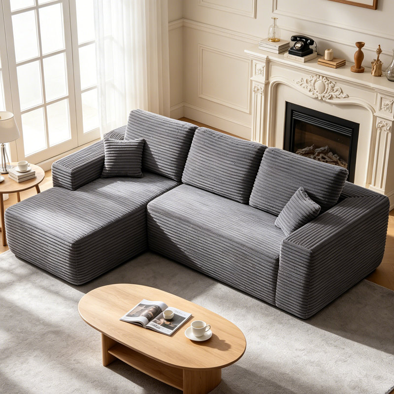 Canapé modulaire en forme de L avec méridienne Boneless Corduroy, Face à la gauche, Velours côtelé gris