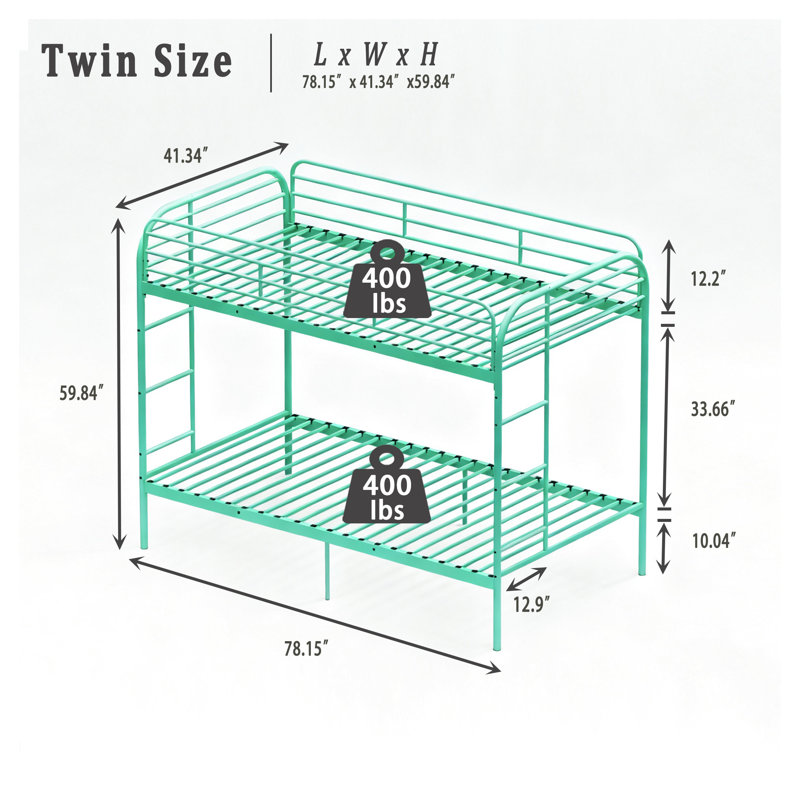 Lit superposé simple au-dessus d'un lit simple en métal avec double échelle - Structure en fer vert robuste pour chambre d'enfant