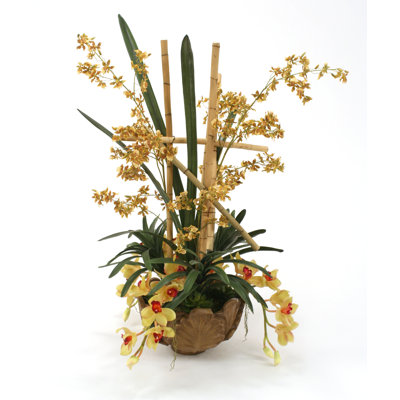 Gold Oncidium Orchids, Sage Cymbidium Orchids And Foliage With Bamboo Trellis In Resin Leaf Bowl