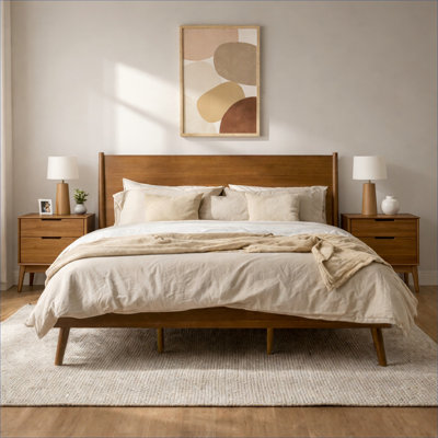 Solid Acacia Wood Platform Bed, Mid-Century King Size, No Box Spring Required Classic Brown