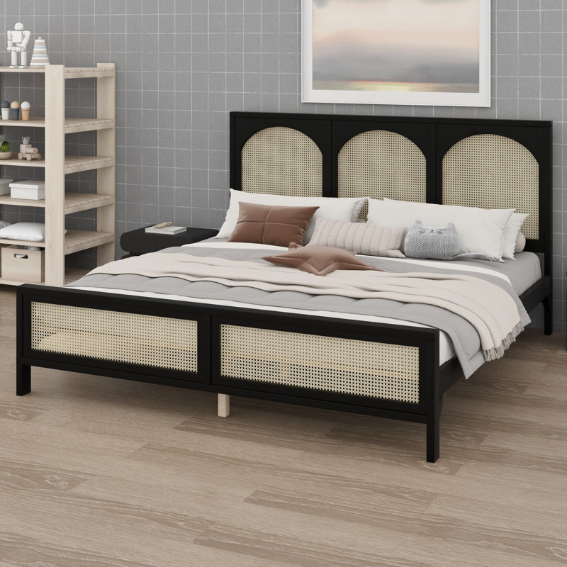 Lit plateforme moderne avec tête de lit en rotin, Black+Beige, Très grand lit