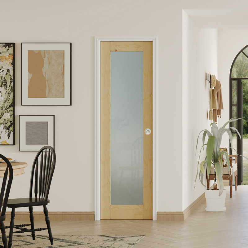 Interior Slab Door – Full Lite Frosted Glass Solid Wood Door with Sliver Round Handle, 24" x 80", Silver