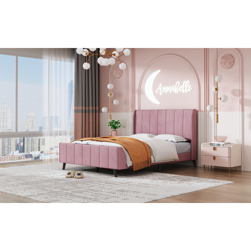 Lit plateforme tapissier, velours, Rose, Lit double