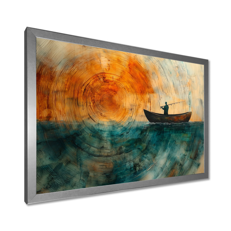 Fishing Tranquility Wooden Slide Landscape I - Boat Fishing Wall Art, Silver, Single Picture Framed, 34" H x 44" W
