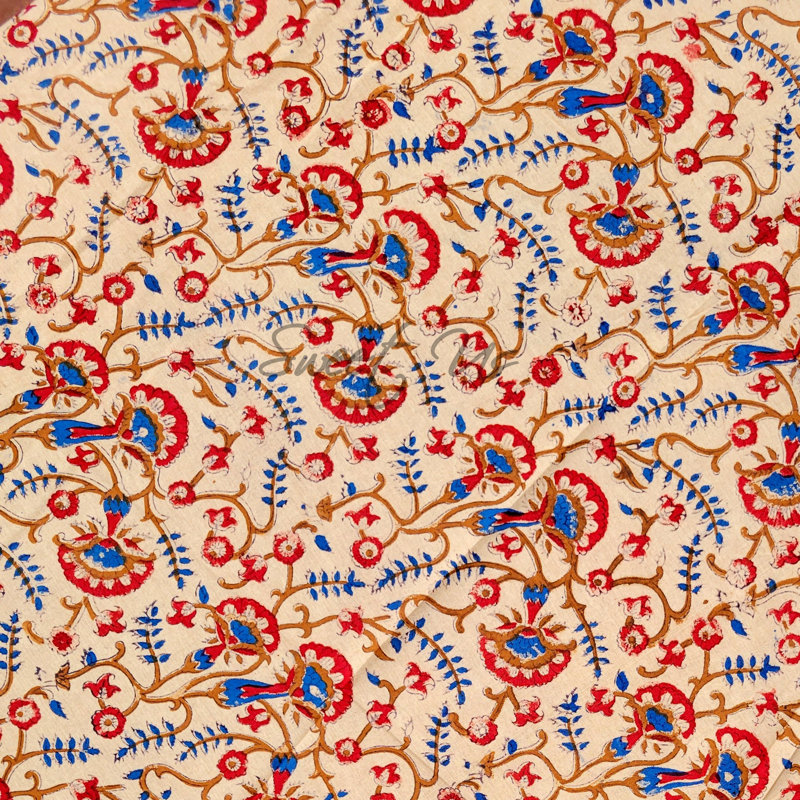 Block Print Floral Cotton Round Tablecloth, Red
