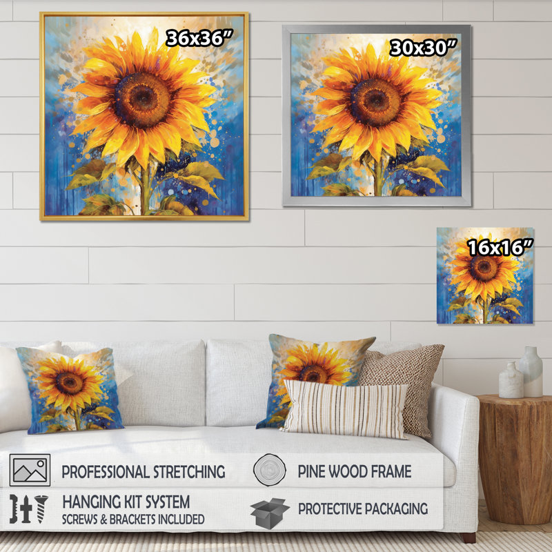 «Yellow Blue Golden Sunflowers II», reproduction sur toile, H 24 po x l 24 po x P 1 po, Toile tendue