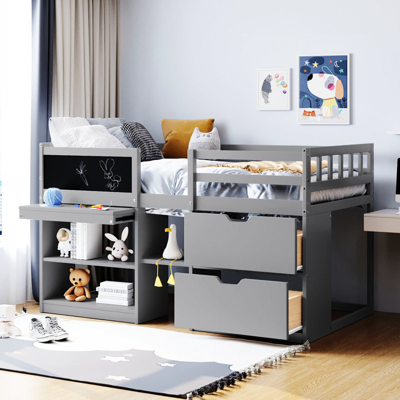 Twin Size Loft Bed With Rolling Desk, Gray - Shelf And Drawer Arrangement Low In Rotating Desk Construction, Shelf, Drawers