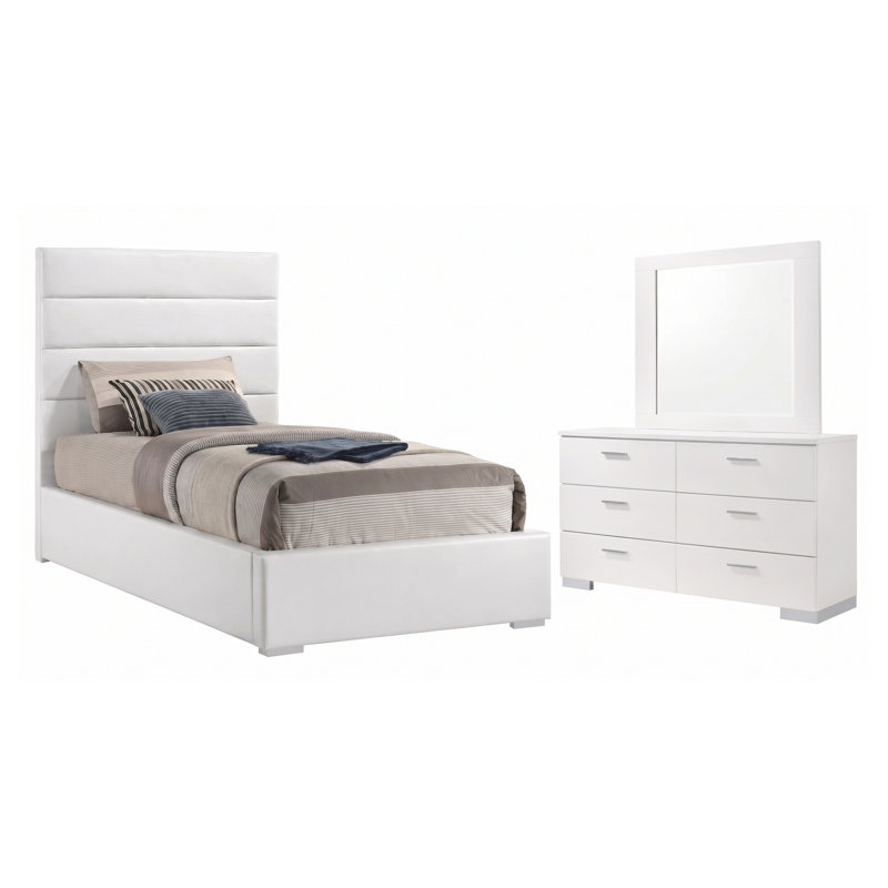 Ensemble de chambre à coucher Genevieve White pour lit simple, comprenant un lit rembourré, une commode et un miroir.