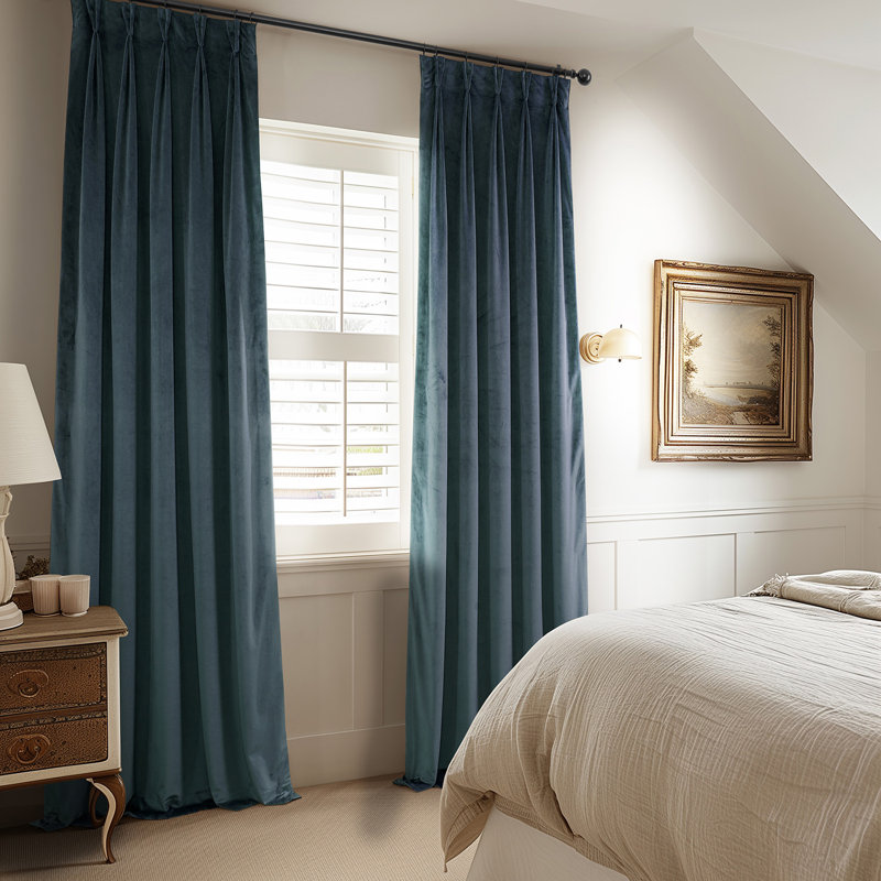 French Pleat Heritage Plush Velvet Room Darkening Single Curtain Panel, London Blue, 25" W x 96" L