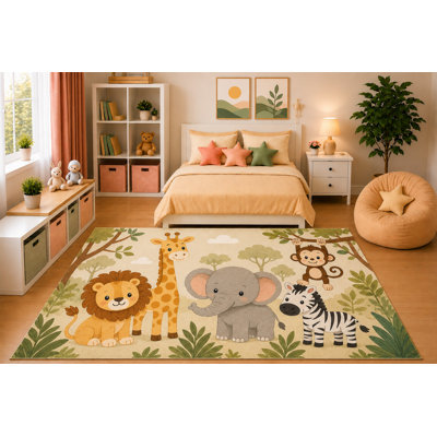 "Ultra Lightweight" 5' x 7' Kids Area Rug Cute Safari Animals Rug Elephant Lion Giraffe Zebra Monkey Watercolor Nursery Bedroom Decor Non-Slip Silicone Backing Low Pile