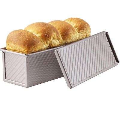 CHEFMADE Mini Pullman Loaf Pan with Lid, 0.66Lb Dough Capacity Non-Stick Rectangle Corrugated Toast Box for Oven Baking 2.8" x 8.1"x 2.8"(Champagne Gold)