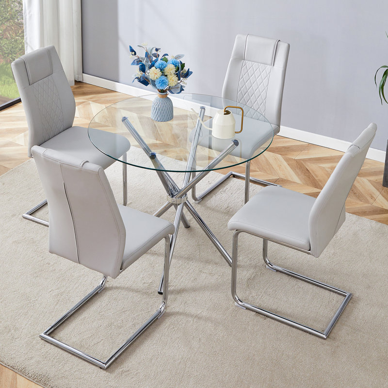 Ensemble de table de salle à manger ronde en verre avec 4 chaises rembourrées, Gris clair