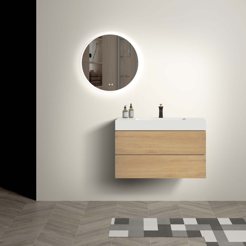 Grand meuble-lavabo mural moderne avec lavabo une pièce sans drain ni robinet, Brun