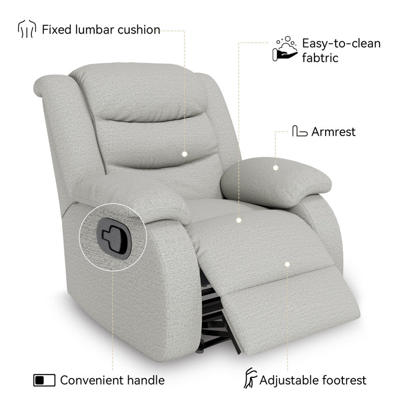 37'' Wide Manual Recliner Chair, Modern Fabric Reclining Sofa Chair With Armrest And Back, Roseto Grey Faux Leather