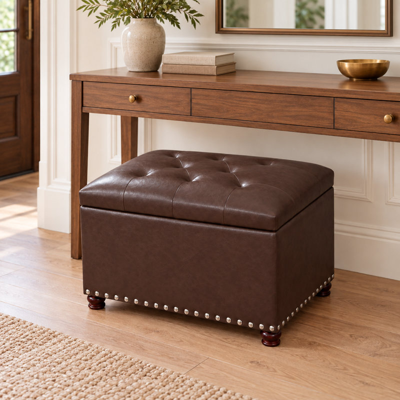 24" Faux Leather Tufted Storage Ottoman with Nailhead Trim, Dark Espresso