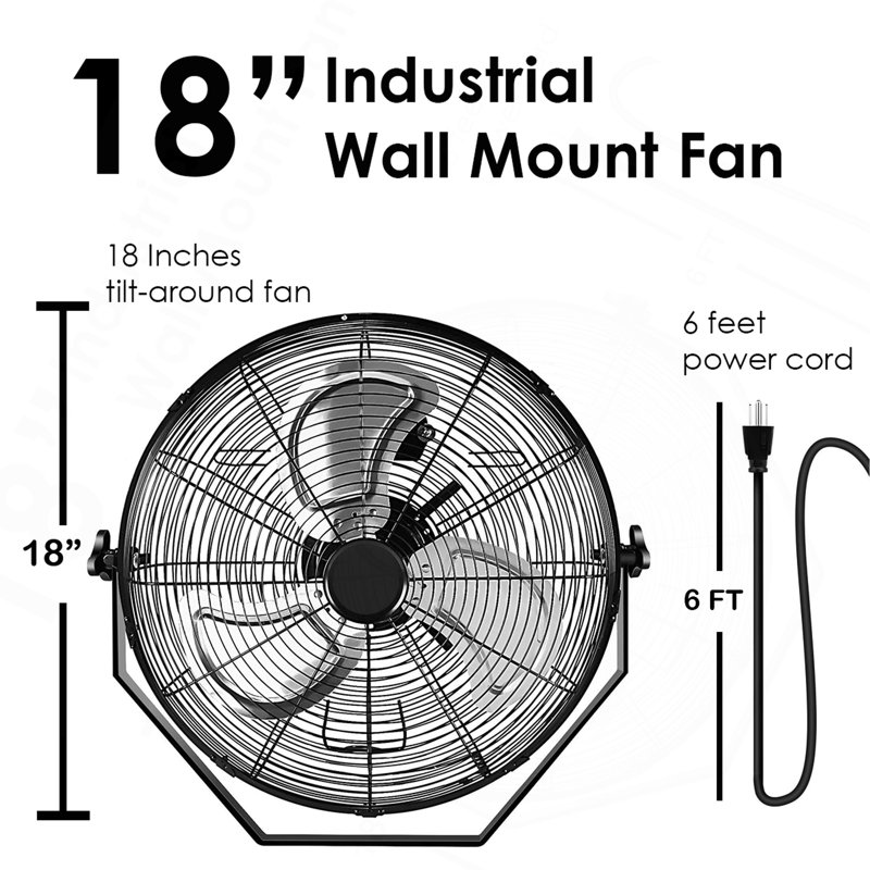 18 po Ventilateur mural industriel noir à 3 vitesses