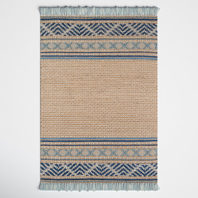 Alberta Beige Blue Hand-Woven Geometric Jute Rug