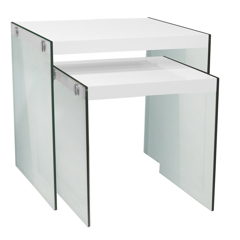 Ensemble de 2 tables gigognes en verre trempé et blanc brillant, parfaites comme table d'appoint et table de bout pour le salon et la chambre à coucher