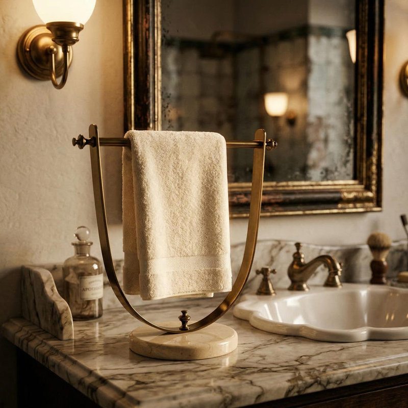 Porte-serviettes en laiton arqué - doré avec base en marbre blanc, Doré