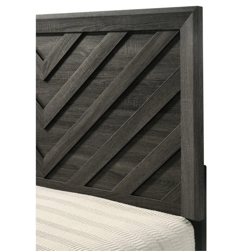 Lit massif et double avec finition gris rustique, motif géométrique, bois de style contemporain pour chambre à coucher, cadre