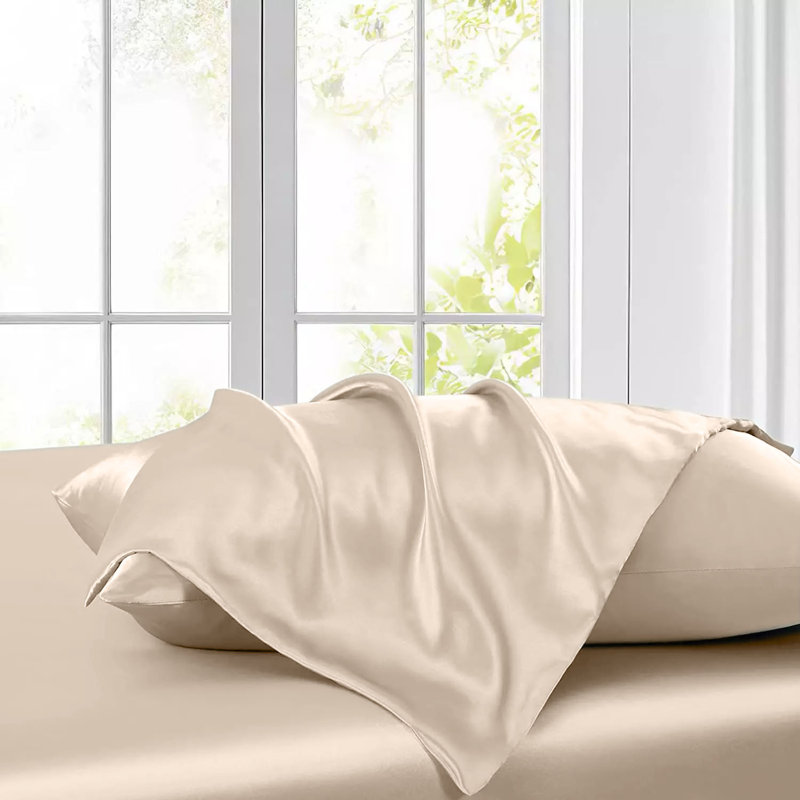 Ensemble de draps 4 pièces en satin doux et soyeux, Ensemble de draps pour grand lit avec 2 taies d'or, Ivoire