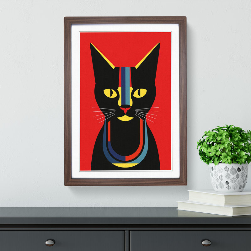 Egyptian Cat Minimalism - Single Picture Frame Print on Wood, Walnut Framed, 34cm H x 25cm W