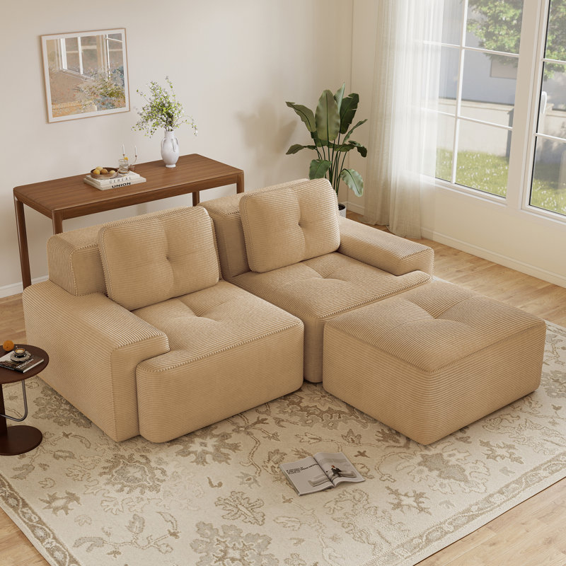 Canapé modulaire moderne en forme de L, tissu de velours côtelé à compression et sans assemblage, Beige