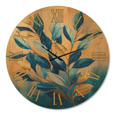 Sapphire Gold Leaves II - Botanical Round Wall Clock, Printed on Wood