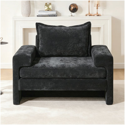 Fauteuil d'appoint en chenille de 40,9 po avec accoudoirs larges, coussin épais, dossier ergonomique pour le salon, la chambre à coucher ou le bureau, noir