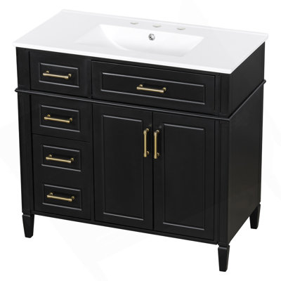 Meuble-lavabo de 36 pouces avec lavabo, meuble-lavabo simple noir à 4 tiroirs (1 tiroir rabattable), 2 portes et tablette réglable, armoire en bois de pin et en panneau de fibres à densité moyenne avec lavabo en céramique, poignées en métal doré, charnières à fermeture en douceur