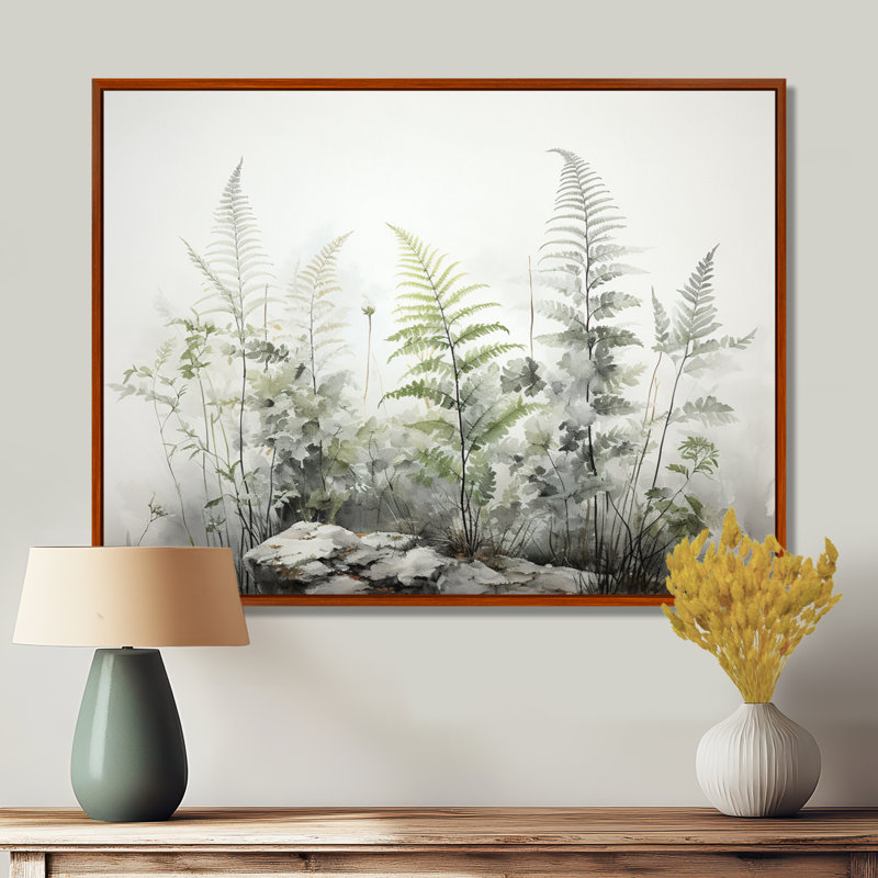 Ferns Silver Whispers I - fougères, art mural encadré, H 24 po x l 32 po x P 1 po, Cadre flottant brun