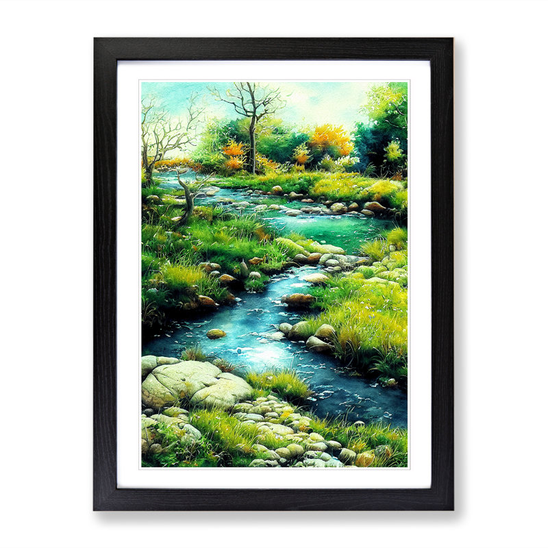 Watercolour Babbling Brook Vol.2 - Picture Frame Print, 64cm H x 46cm W x 2cm D, Oak