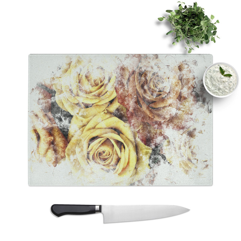 Tempered Glass View of the Roses Watercolour Chopping Board, 28.5 cm x 39 cm