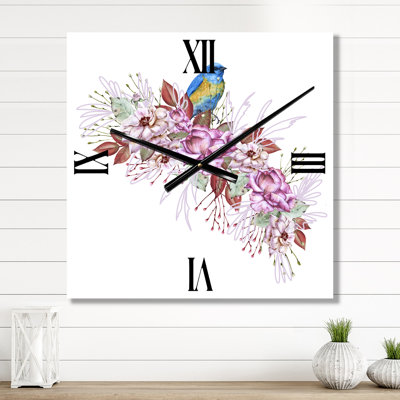 Horloge murale petit oiseau assis sur une branche de fleurs