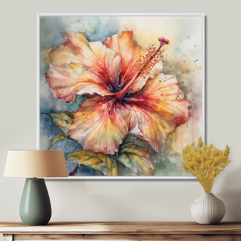Hibiscus Euphoria II gris orange de Rrahim - art mural hibiscus, H 16 po x l 16 po, Cadre flottant blanc