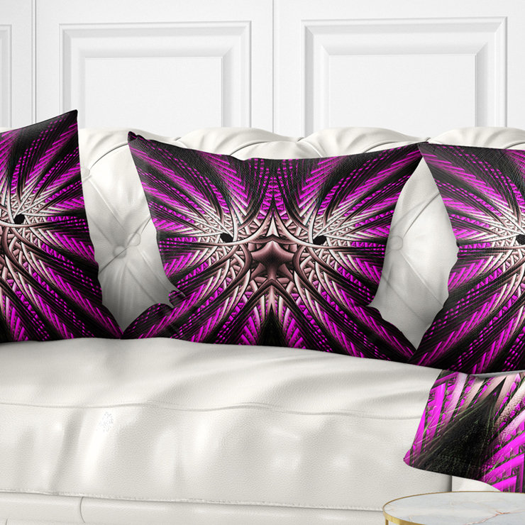 Fleur fractale rougeoyante en noir - coussin abstrait imprimé, 18 po x 18 po, Mauve / Gris, Coussin décoratif