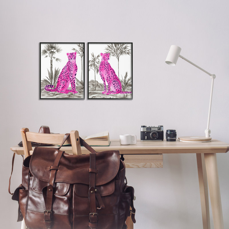 Ensemble de 2 giclées néon rose léopard, design par Melissa Wang, H 14 po x l 11 po, Giclée encadrée noir minuit