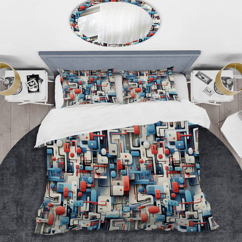 Ensemble de housse de couette à motif géométrique bleu Metropolis Matrix I, Housse de couette pour grand lit et 2 taies décor