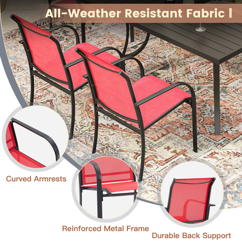 Red and Black 4-Person Round Patio Dining Set with Faux Wood Table