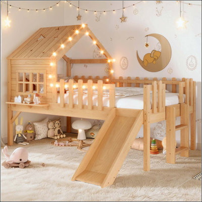Lit mezzanine avec glissade House, lit de maison de jeu avec motifs en forme d'étoile en forme de lune et fenêtre, design chic avec lumières DEL, aucun sommier nécessaire