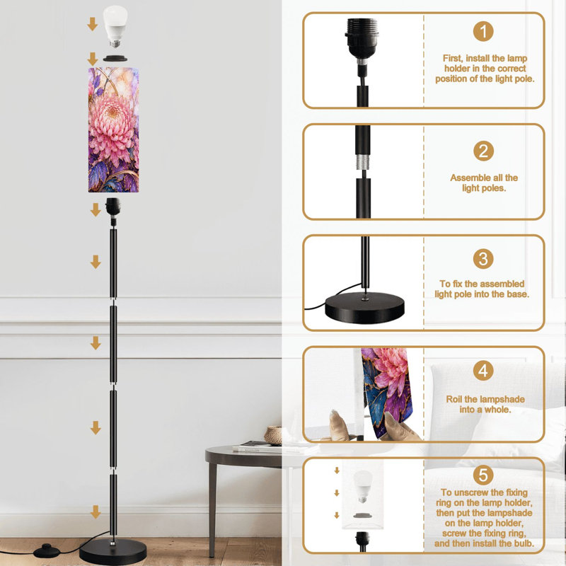 Lampe sur pied élégante à motif de chrysanthèmes roses aux accents dorés complexes à feuilles mauves et à intensité variable avec télécommande et interrupteur au pied