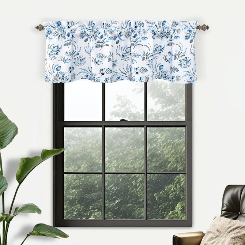 Navy Gray Floral Rod Pocket Thermal Insulated Valance